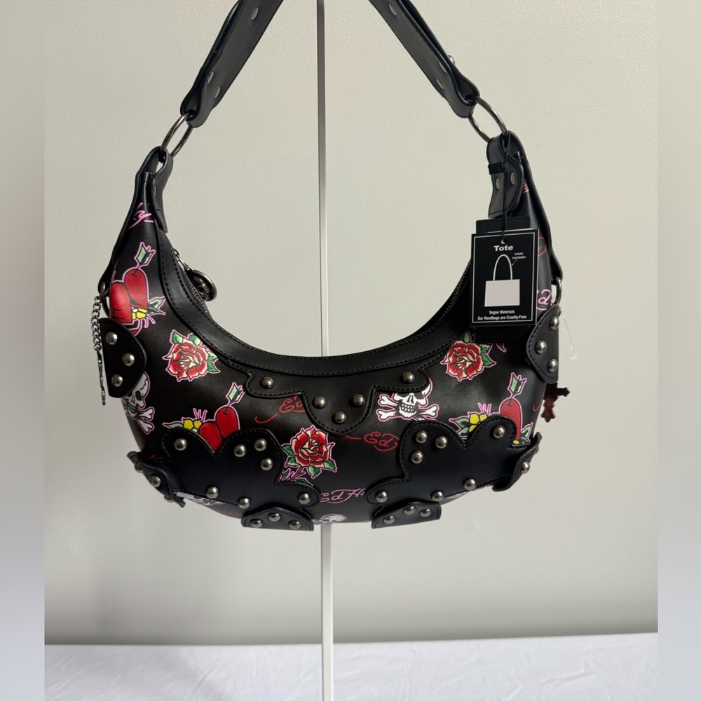 Ed Hardy Black Shoulder Bag with Red Rose & Heart Print - Picture 1 of 11